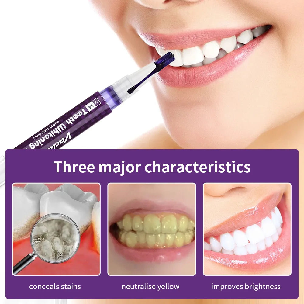 V34 Purple Whitening Gel Pen, Instant Teeth Whitening Pigment Pen for Removing Stains and Restoring Tooth Color