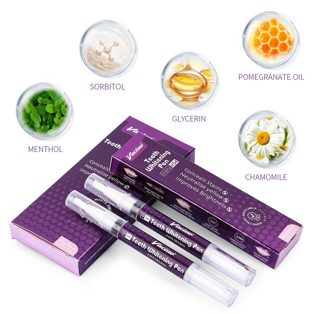 V34 Purple Whitening Gel Pen, Instant Teeth Whitening Pigment Pen for Removing Stains and Restoring Tooth Color