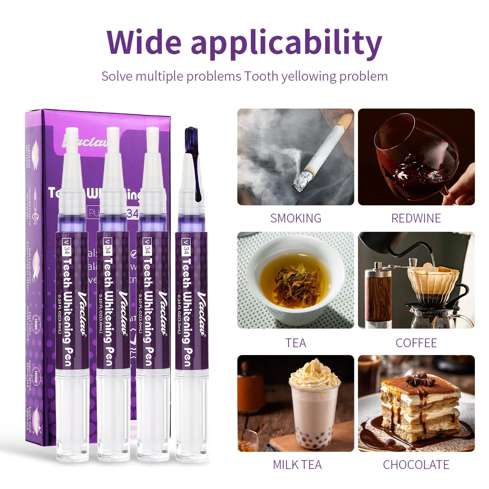 V34 Purple Whitening Gel Pen, Instant Teeth Whitening Pigment Pen for Removing Stains and Restoring Tooth Color